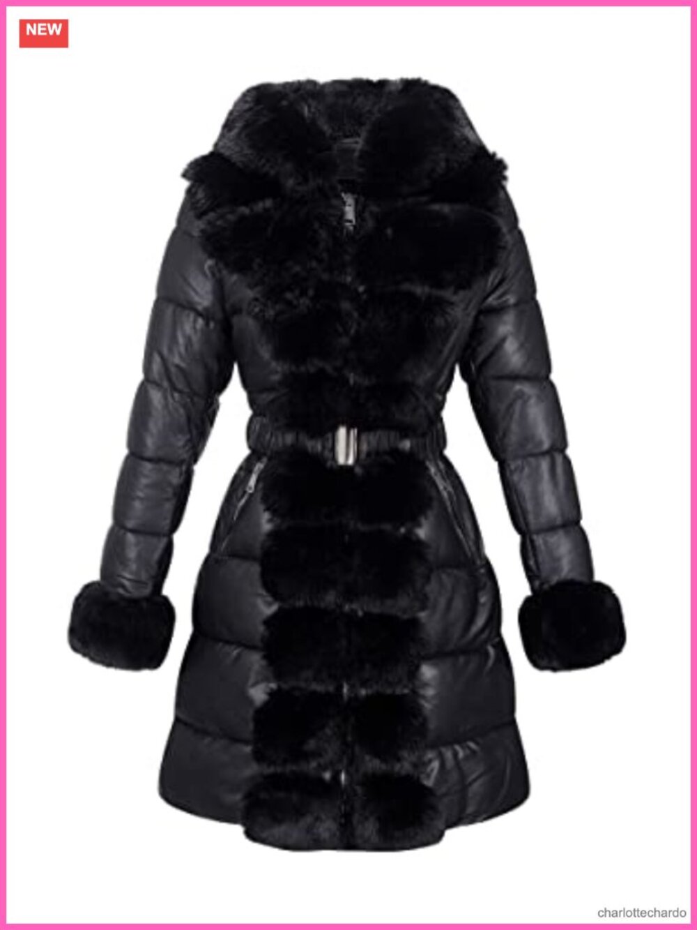 RISISSIDA Women Winter Puffer Leather Coat Fur Trim Hooded